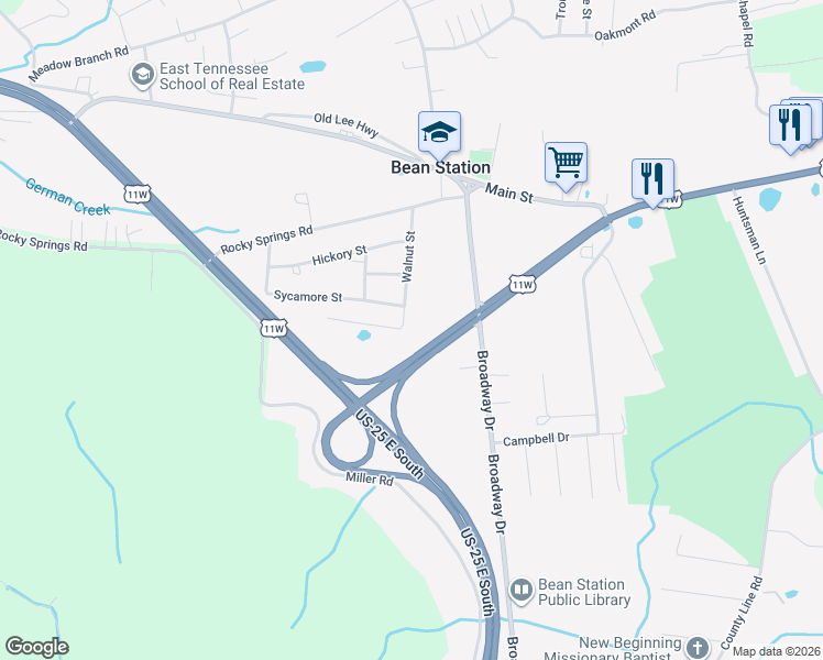 map of restaurants, bars, coffee shops, grocery stores, and more near 311 Walnut Street in Bean Station