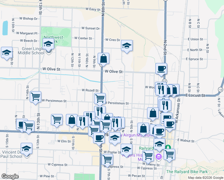 map of restaurants, bars, coffee shops, grocery stores, and more near 622 North 6th Street in Rogers