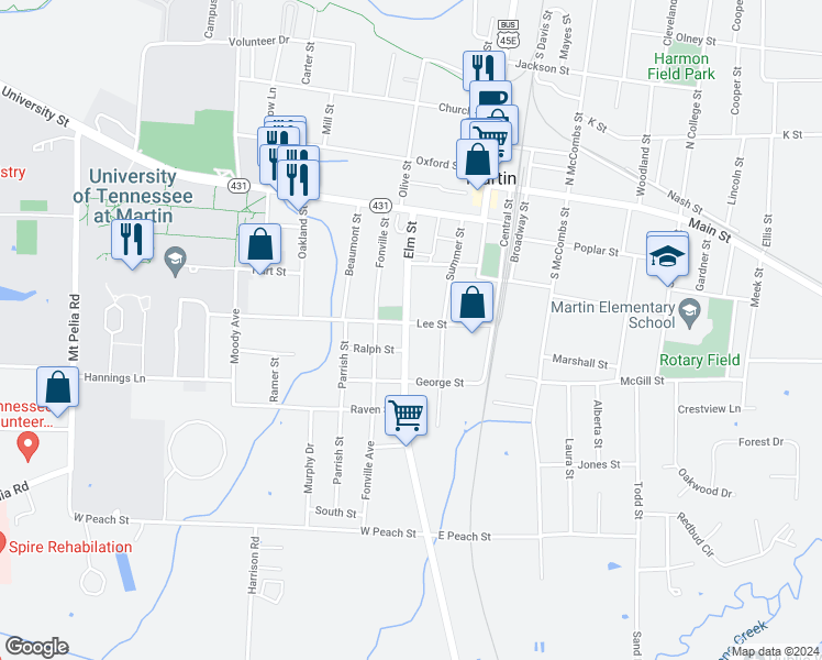 map of restaurants, bars, coffee shops, grocery stores, and more near 302 Elm Street in Martin