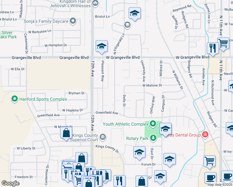 map of restaurants, bars, coffee shops, grocery stores, and more near 1255 Fitzgerald Lane in Hanford