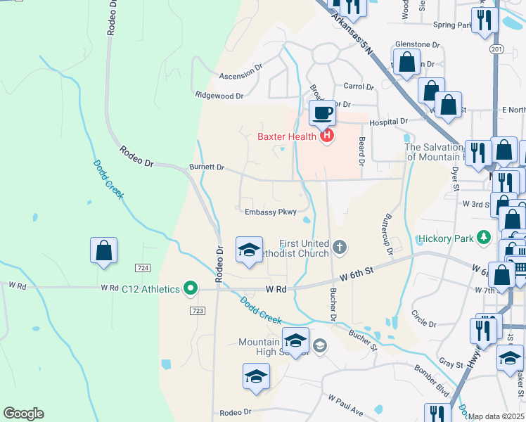 map of restaurants, bars, coffee shops, grocery stores, and more near 711 Embassy Court in Mountain Home