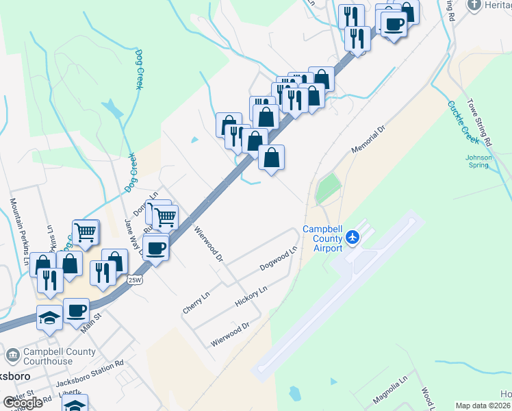 map of restaurants, bars, coffee shops, grocery stores, and more near 2525 Jacksboro Pike in Jacksboro