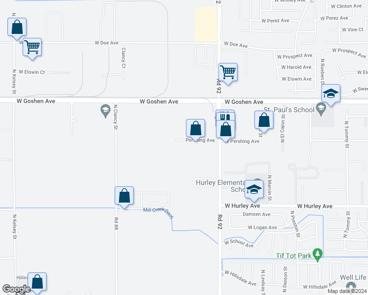 map of restaurants, bars, coffee shops, grocery stores, and more near 7131 W Pershing Ct in Visalia
