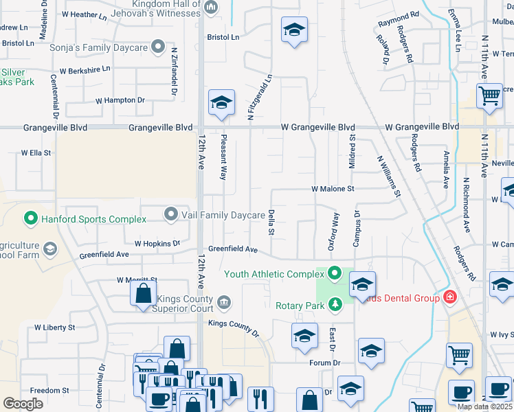 map of restaurants, bars, coffee shops, grocery stores, and more near 1255 Fitzgerald Lane in Hanford