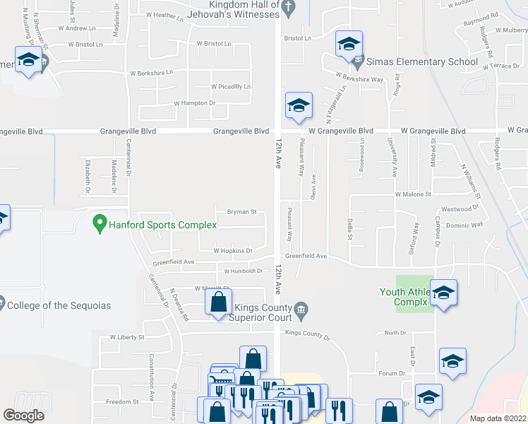 map of restaurants, bars, coffee shops, grocery stores, and more near Bryman Street in Hanford