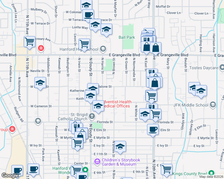 map of restaurants, bars, coffee shops, grocery stores, and more near 1236 North Brown Street in Hanford