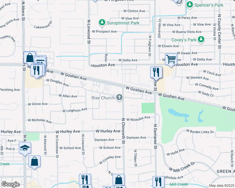 map of restaurants, bars, coffee shops, grocery stores, and more near 4130 West Douglas Avenue in Visalia
