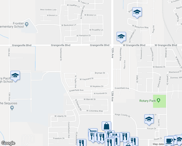 map of restaurants, bars, coffee shops, grocery stores, and more near Bryman Street & North Cerritos Avenue in Hanford