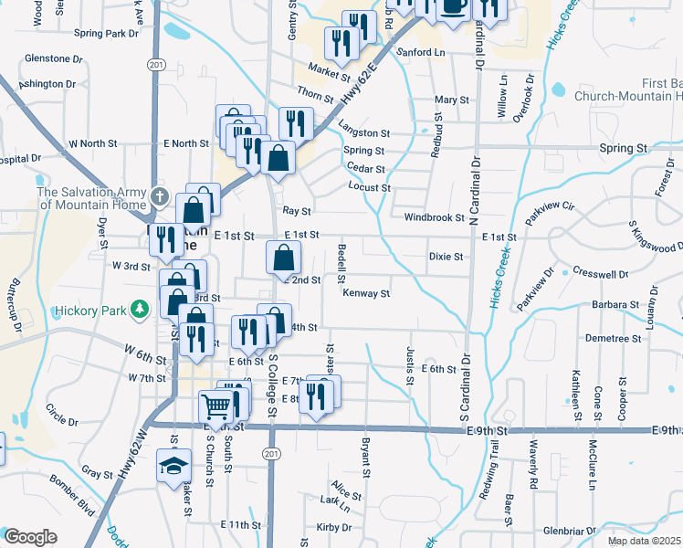 map of restaurants, bars, coffee shops, grocery stores, and more near 652 East 2nd Street in Mountain Home