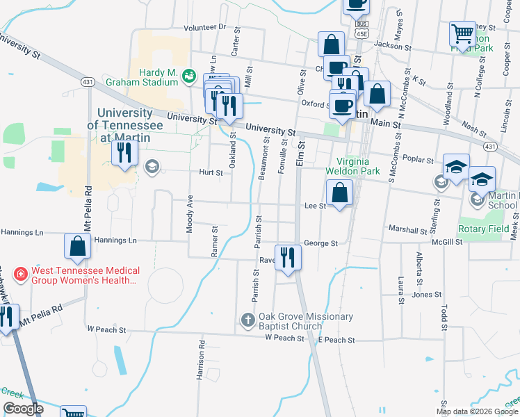 map of restaurants, bars, coffee shops, grocery stores, and more near 321 Lee Street in Martin