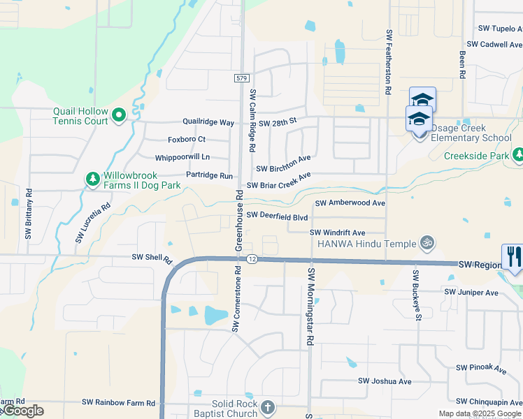 map of restaurants, bars, coffee shops, grocery stores, and more near 3600 Southwest Deerfield Boulevard in Bentonville