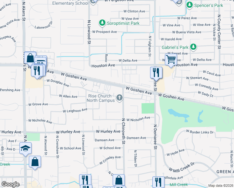 map of restaurants, bars, coffee shops, grocery stores, and more near 4130 West Douglas Avenue in Visalia
