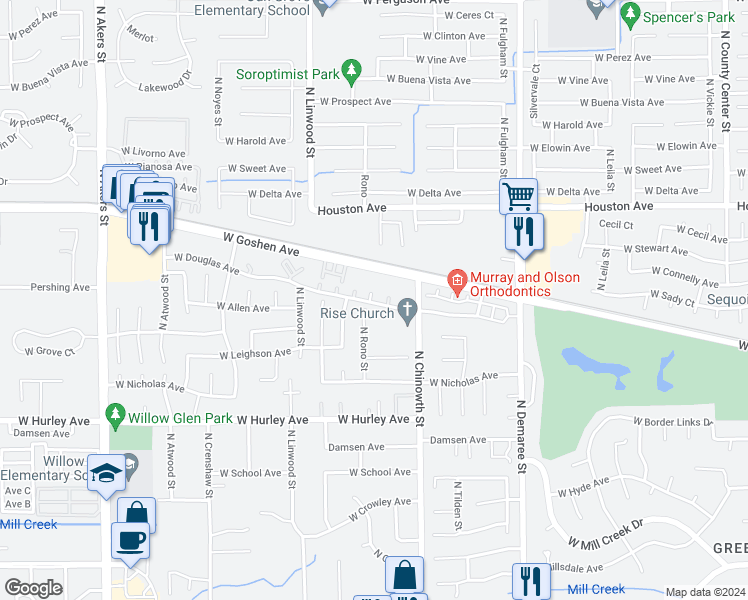 map of restaurants, bars, coffee shops, grocery stores, and more near 4244 West Douglas Avenue in Visalia