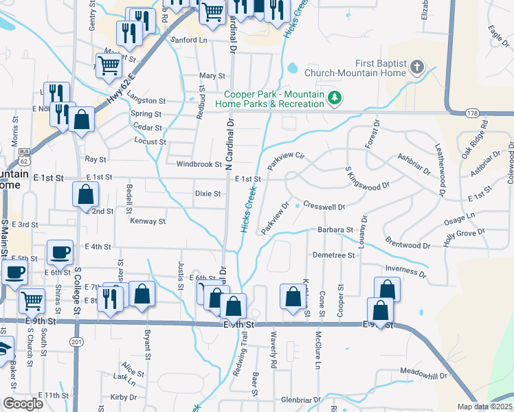 map of restaurants, bars, coffee shops, grocery stores, and more near 110 Parkview Drive in Mountain Home