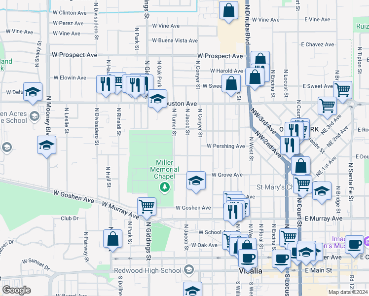 map of restaurants, bars, coffee shops, grocery stores, and more near 919 North Jacob Street in Visalia