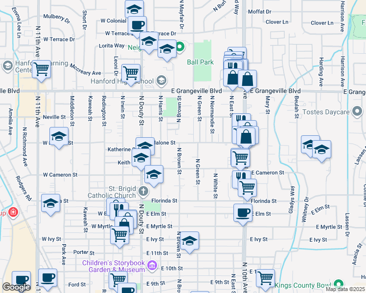 map of restaurants, bars, coffee shops, grocery stores, and more near 299 East Malone Street in Hanford