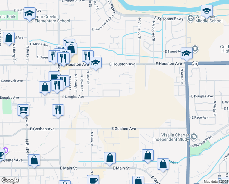 map of restaurants, bars, coffee shops, grocery stores, and more near 1949 East Pershing Avenue in Visalia