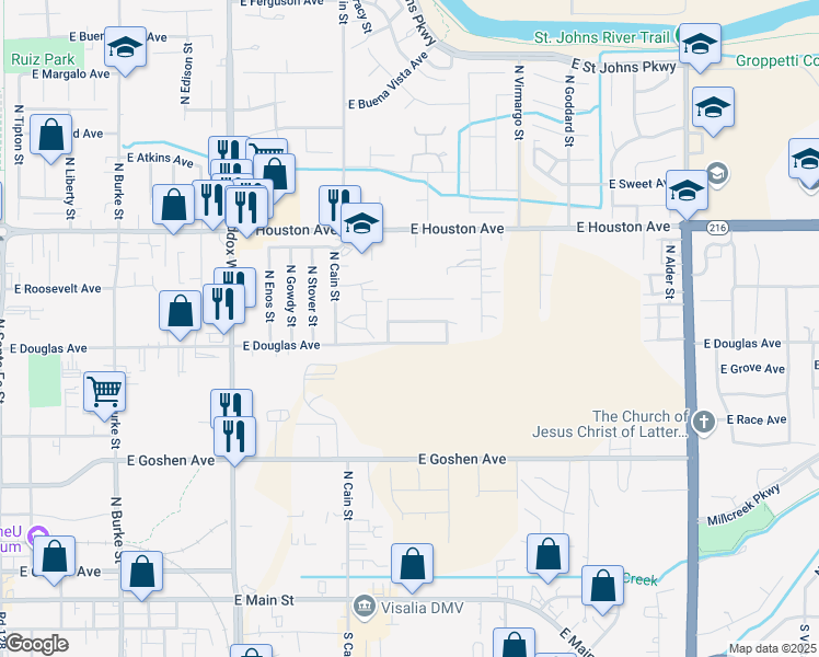 map of restaurants, bars, coffee shops, grocery stores, and more near 1911 East Pershing Avenue in Visalia