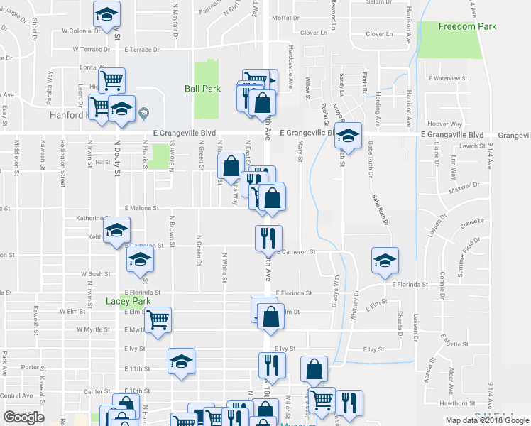 map of restaurants, bars, coffee shops, grocery stores, and more near 1280 North 10th Avenue in Hanford