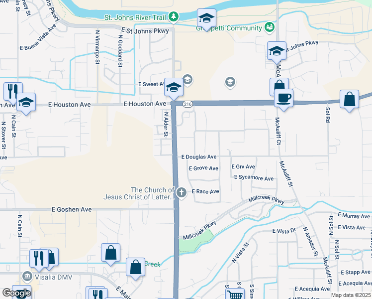 map of restaurants, bars, coffee shops, grocery stores, and more near 1008 North Lovers Lane in Visalia