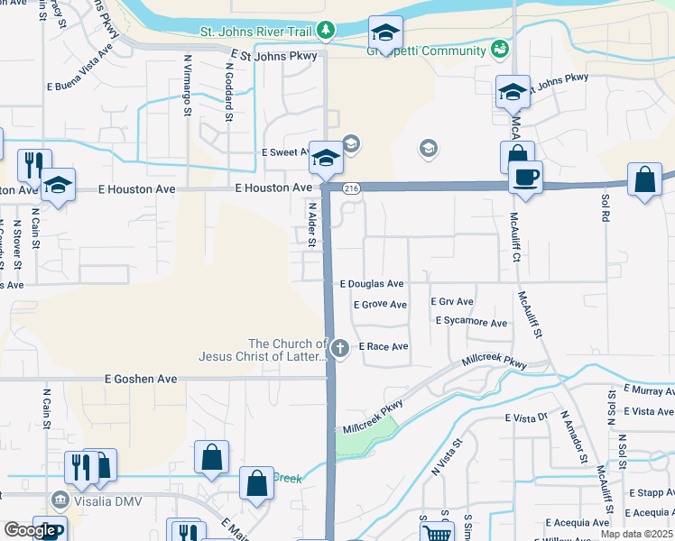 map of restaurants, bars, coffee shops, grocery stores, and more near 1008 North Lovers Lane in Visalia