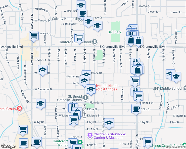 map of restaurants, bars, coffee shops, grocery stores, and more near 119-199 East Malone Street in Hanford