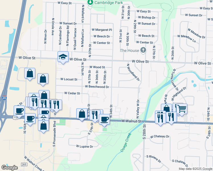 map of restaurants, bars, coffee shops, grocery stores, and more near 3403 West Beechwood Drive in Rogers