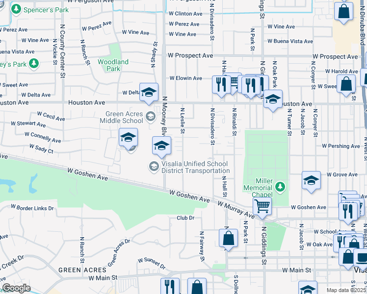 map of restaurants, bars, coffee shops, grocery stores, and more near 1020 North Leslie Street in Visalia