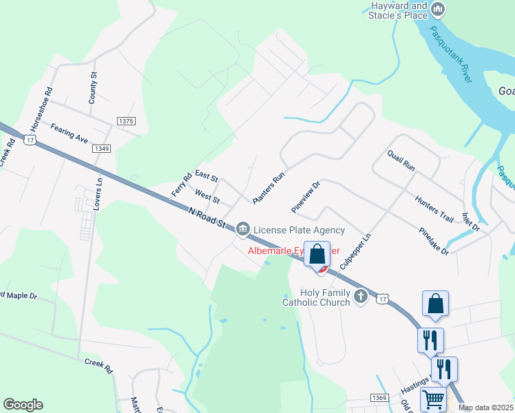 map of restaurants, bars, coffee shops, grocery stores, and more near 100 Planters Run in Elizabeth City
