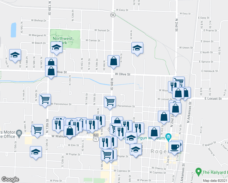 map of restaurants, bars, coffee shops, grocery stores, and more near 605 North 8th Street in Rogers