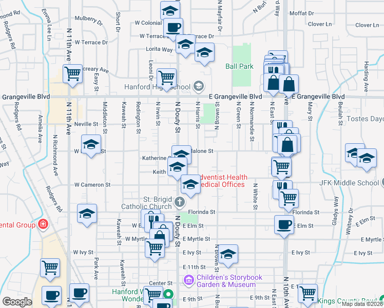 map of restaurants, bars, coffee shops, grocery stores, and more near 119 East Malone Street in Hanford