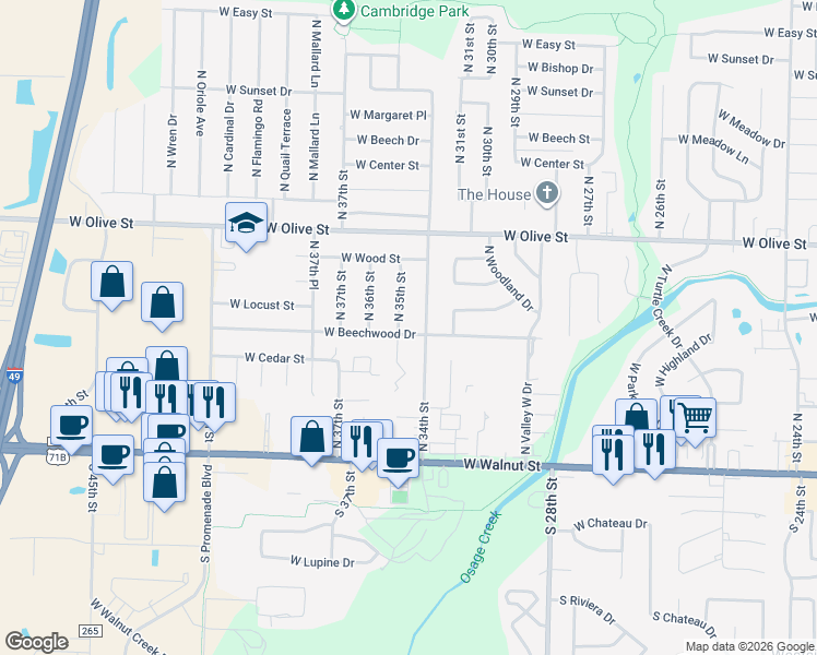 map of restaurants, bars, coffee shops, grocery stores, and more near 3403 West Beechwood Drive in Rogers
