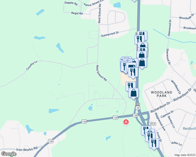 map of restaurants, bars, coffee shops, grocery stores, and more near 2722 Reid School Road in Reidsville