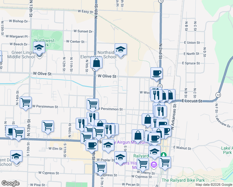 map of restaurants, bars, coffee shops, grocery stores, and more near 701 North 6th Street in Rogers