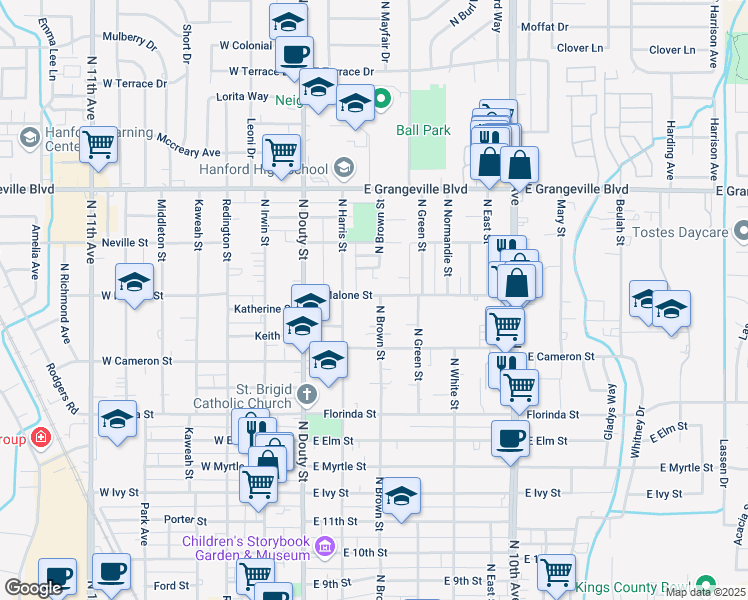 map of restaurants, bars, coffee shops, grocery stores, and more near 299 East Malone Street in Hanford