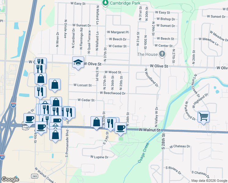 map of restaurants, bars, coffee shops, grocery stores, and more near 505 North 36th Street in Rogers
