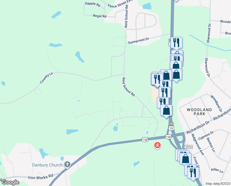 map of restaurants, bars, coffee shops, grocery stores, and more near 189 Brentwood Drive in Reidsville
