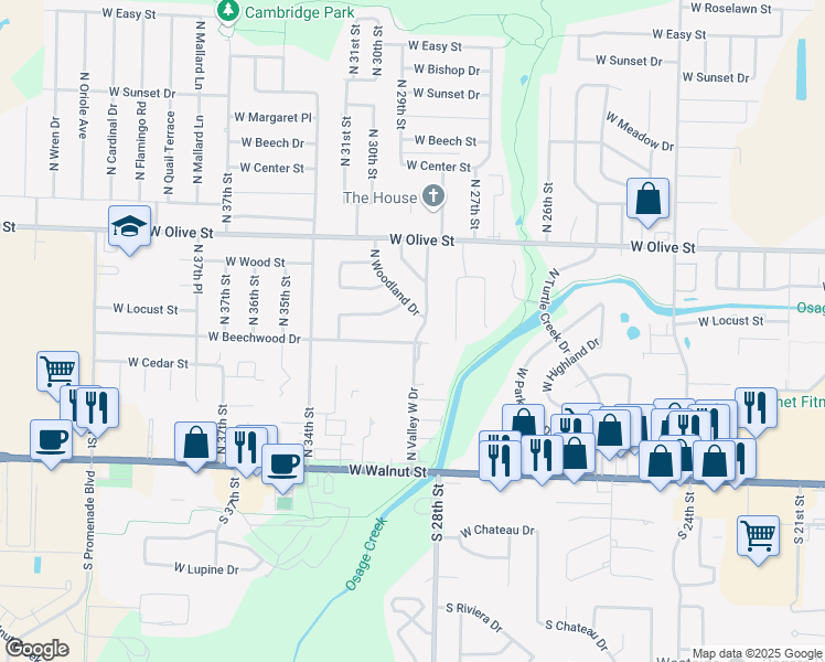 map of restaurants, bars, coffee shops, grocery stores, and more near 602 North Valley West Drive in Rogers