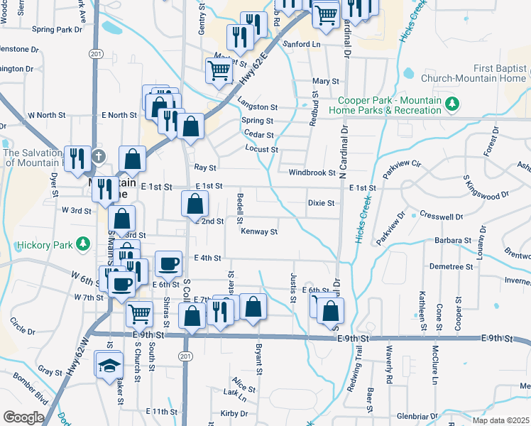 map of restaurants, bars, coffee shops, grocery stores, and more near 709 E 2nd St in Mountain Home