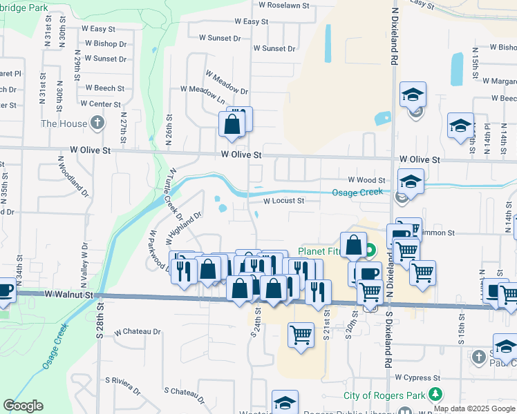 map of restaurants, bars, coffee shops, grocery stores, and more near 2342 West Locust Street in Rogers