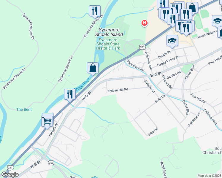 map of restaurants, bars, coffee shops, grocery stores, and more near 1753 Sylvan Hill Road in Elizabethton
