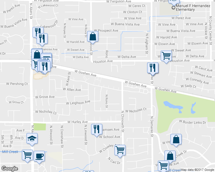 map of restaurants, bars, coffee shops, grocery stores, and more near 4300 West Douglas Avenue in Visalia