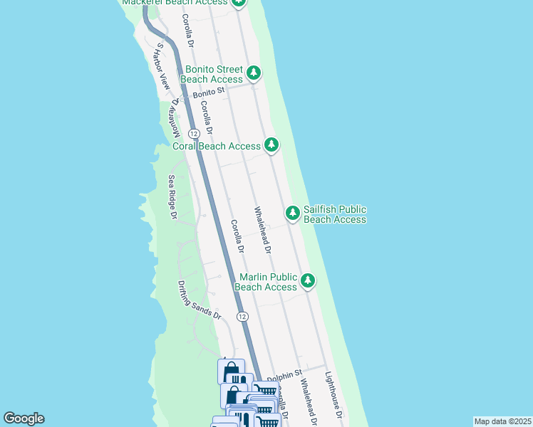 map of restaurants, bars, coffee shops, grocery stores, and more near 877 Whalehead Drive in Corolla