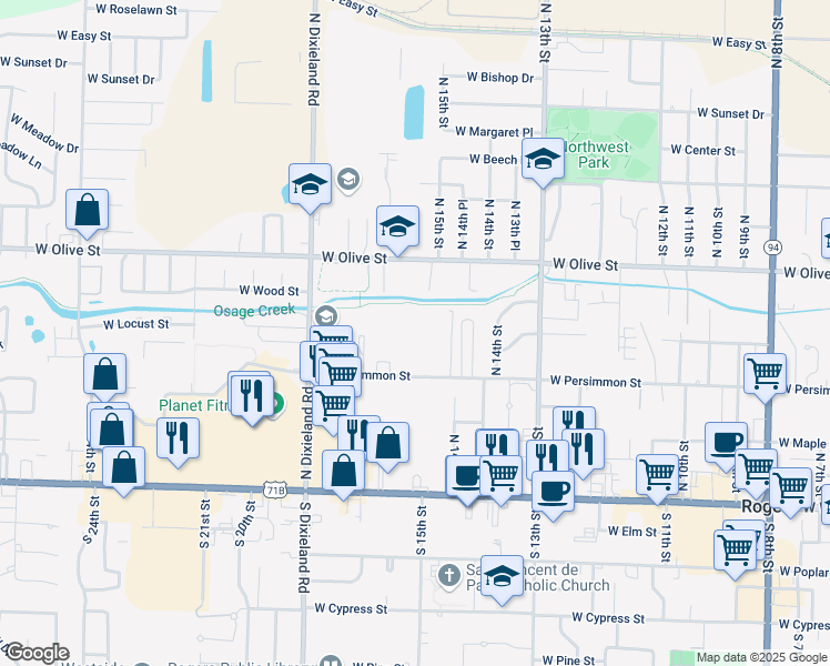map of restaurants, bars, coffee shops, grocery stores, and more near 1503 W Persimmon St in Rogers