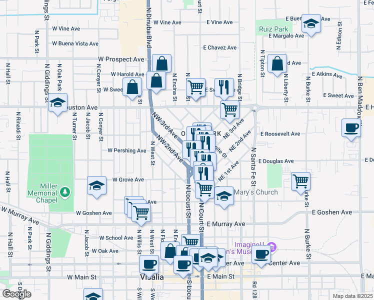 map of restaurants, bars, coffee shops, grocery stores, and more near 128 Northwest 3rd Avenue in Visalia