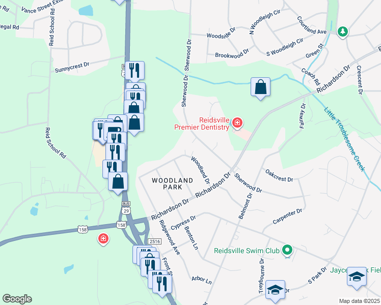 map of restaurants, bars, coffee shops, grocery stores, and more near 1328 Woodland Drive in Reidsville