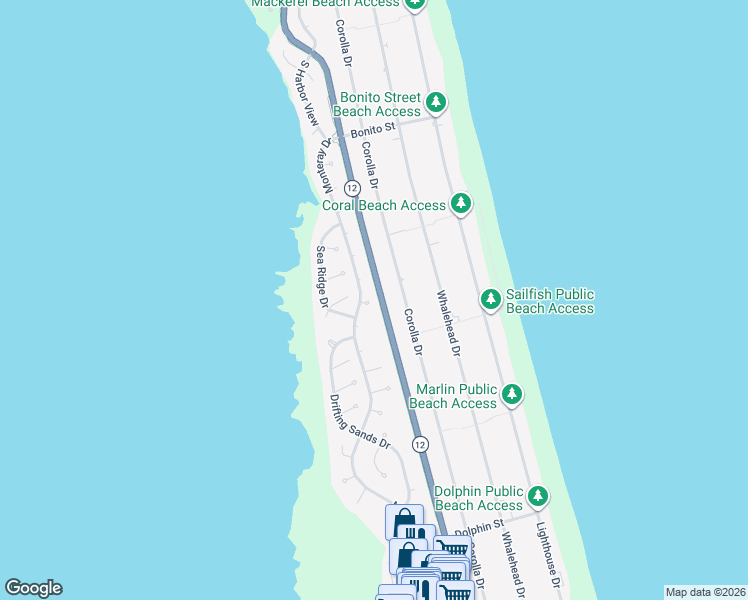 map of restaurants, bars, coffee shops, grocery stores, and more near Corolla Bike Path in Corolla