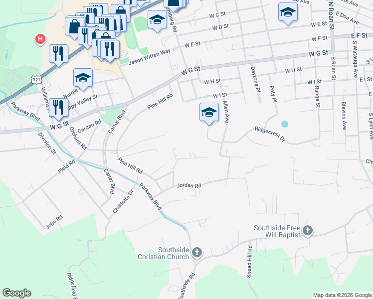 map of restaurants, bars, coffee shops, grocery stores, and more near 609 Evergreen Lane in Elizabethton