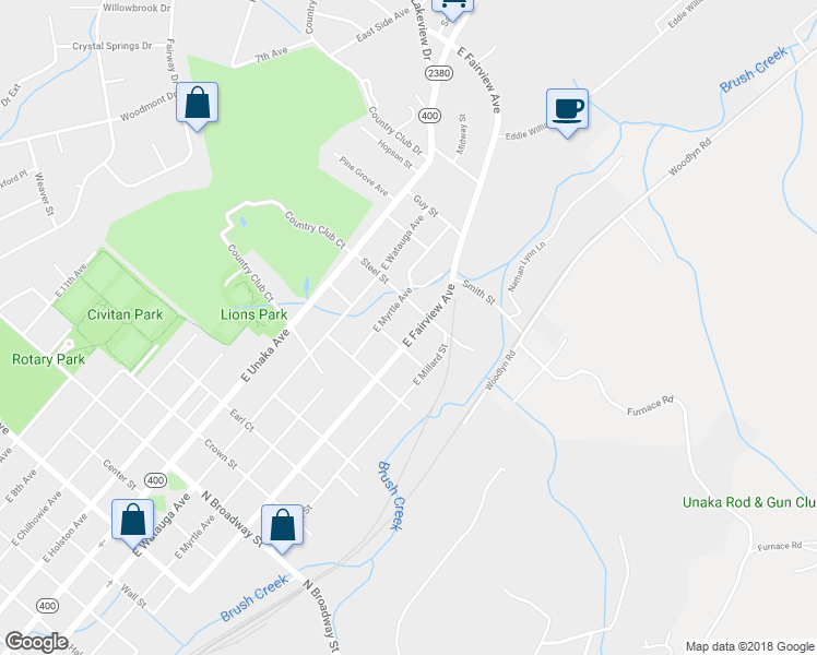map of restaurants, bars, coffee shops, grocery stores, and more near 1907 East Fairview Avenue in Johnson City