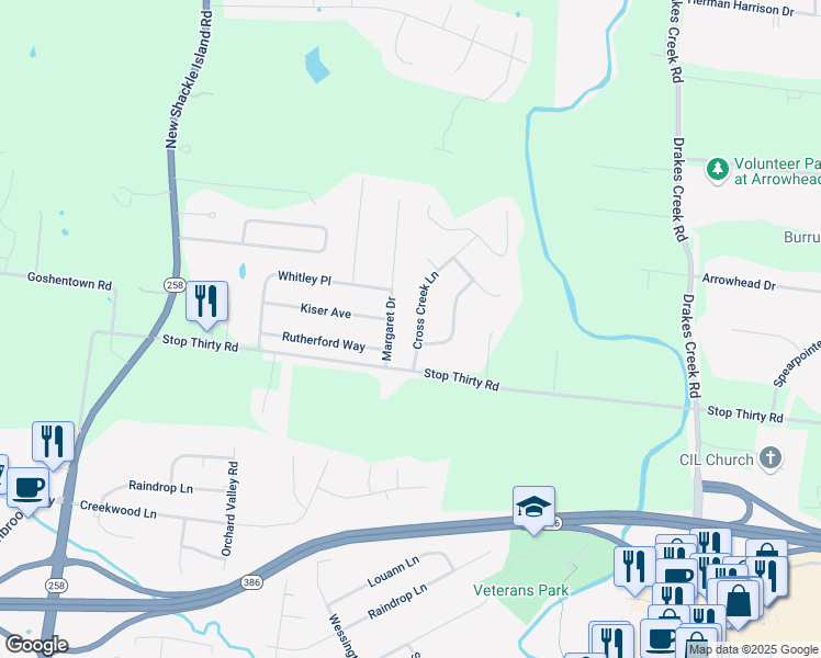 map of restaurants, bars, coffee shops, grocery stores, and more near 106 Cross Creek Lane in Hendersonville